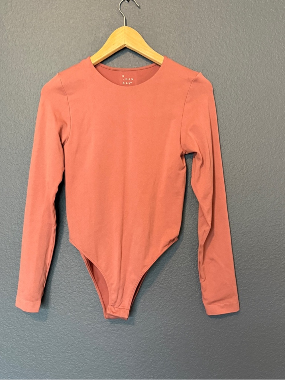 A New Day Long-Sleeve Bodysuit in a Terracotta/Rust color.